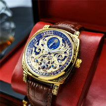 Automatic Mechanical Watch Hollow-Out Luminous Moon Phase Leather Casual Watch M - £98.85 GBP