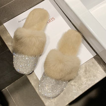 Rhinestone Furry Faux Slippers Women Indoor Soft Plush Fluffy House Slides Winte - £21.49 GBP