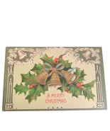 Postcard Merry Christmas Holly Snow Bells Gilded German Embossed Unposted - €12,87 EUR