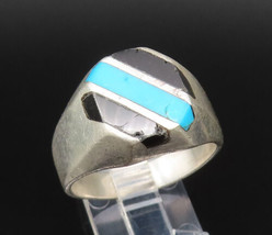 MEXICO 925 Silver - Vintage Inlaid Turquoise &amp; Onyx Signet Ring Sz 12 - RG25675 - £67.12 GBP
