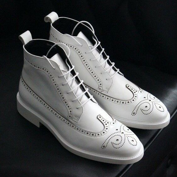 Men's White Color Medallion Toe Wing Tip High Ankle Real Leather Boots US 7-16