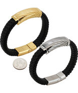 316L Stainless Steel 18k Yellow Gold Plated 16mm Stripe Leather Bracelet 8.5” - $32.99