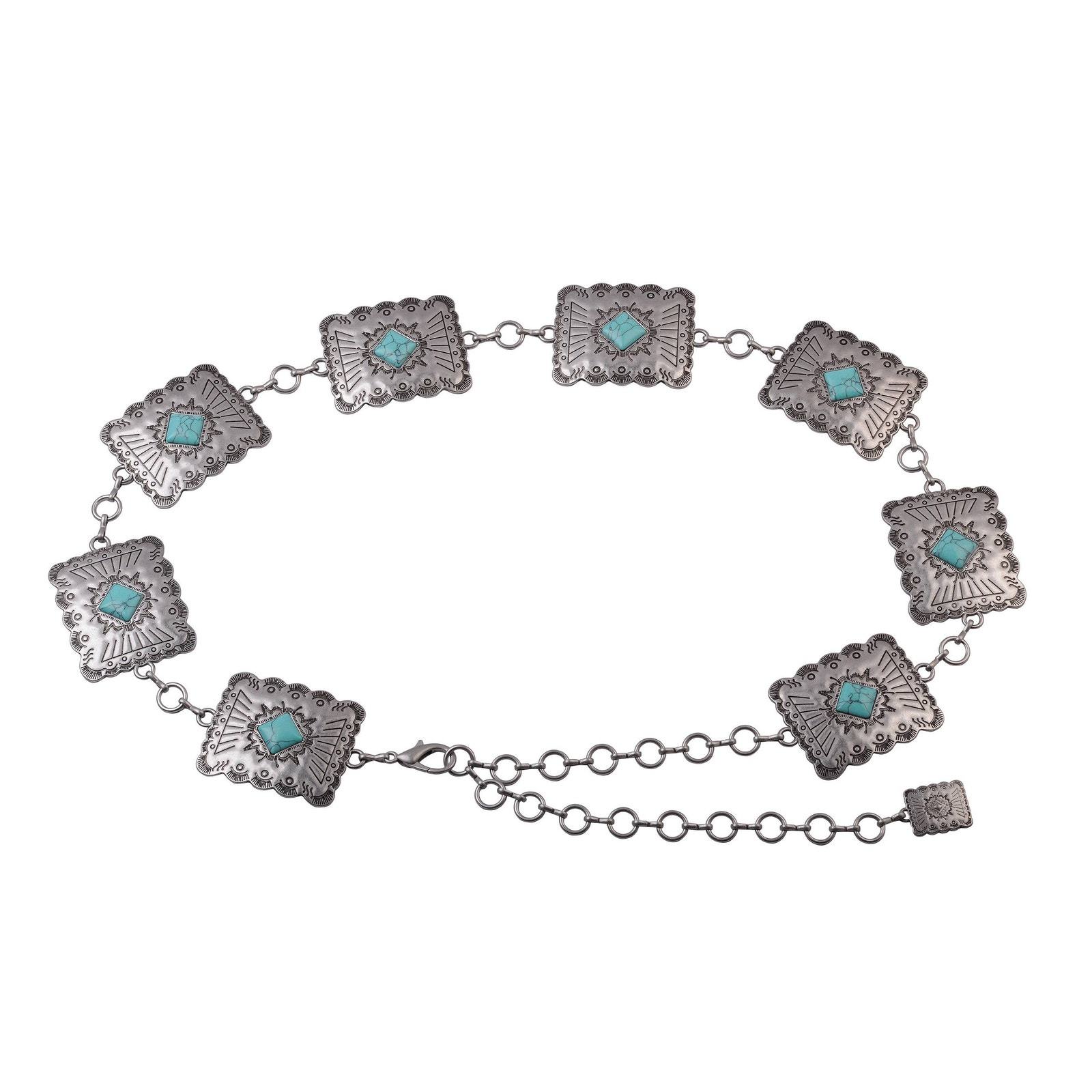 Western Southwestern Silver Turquoise Square Concho Chain Belt