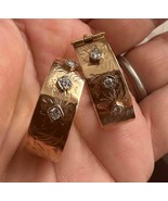 Vintage 9K Yellow Gold Wide Floral Engraved Hoops with Diamond Earrings - $606.96 CAD