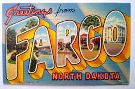 Greeting From Fargo North Dakota Large Big Letter Linen Postcard Curt Teich 1944 - £10.97 GBP