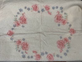 Vintage White Pink Roses Blue Ribbon Baby Blanket Reversible Satin Trim - £19.32 GBP