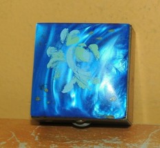 Pill Box 1.25&quot; goldtone blue mother of pearl lid Lucite Bakelite Catalin... - $9.89