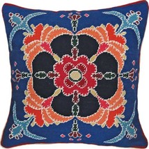 Throw Pillow Needlepoint Joyce 18x18 Red Gold Blue Yellow Orange Royal - £232.98 GBP