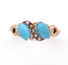 Victorian 10k Yellow Gold Turquoise/Glass and Seed Pearl Ring Size 7.25 (#J6397) - £320.50 GBP