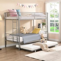 Twin Over Twin Metal Bunk Bed With Trundle Heavy Duty Bunk Beds Frame With 2 Sid - £375.66 GBP