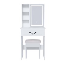Modern White Mini Vanity Desk: LED Mirror, Storage, Adjustable Brightness - $130.99