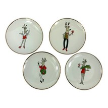Clay Art Reindeer Snack Lunch Bread Appetizer Cheese Plates Set 4 Gold Rim - £23.70 GBP