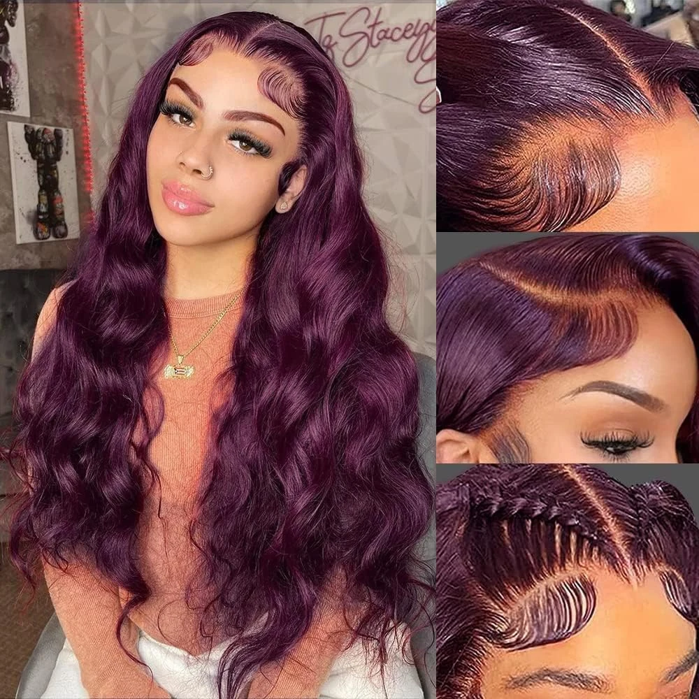 Dark Burgundy Lace Wigs Synthetic Dark Purple Pure Colored Body Wave Lace W - £46.66 GBP+