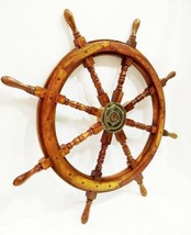 36&#39;&#39; Ship Wheel Brass Wooden Ship Steering Vintage Wall Boat Nautical  - £103.84 GBP