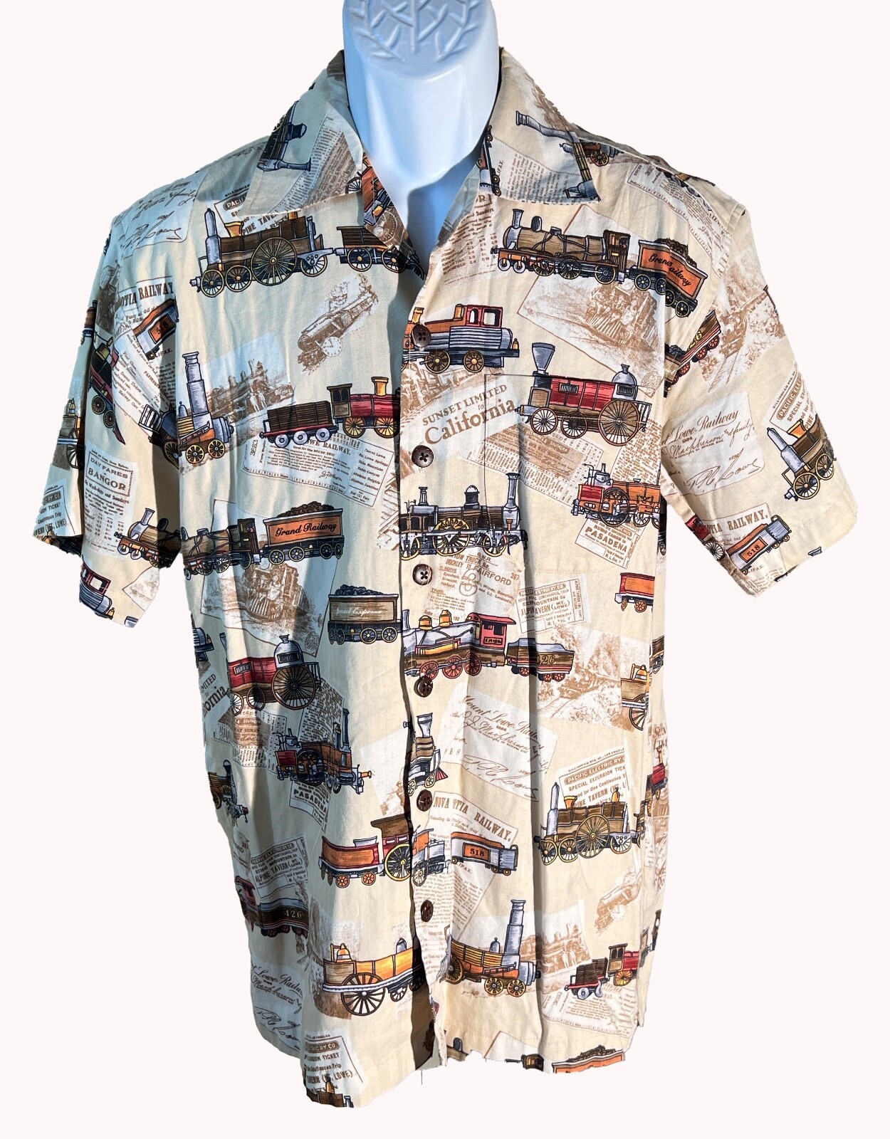 DAVID CAREY Short Sleeve CALIFORNIA TRAIN RAILWAY SUNSET LIMITED CAMP SHIRT - $24.74