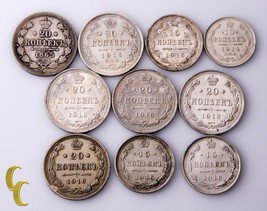 1865-1916 Russia Silver 10, 15, 20 Kopeks (F-BU) Condition 10 pc Coin Lot - £159.50 GBP