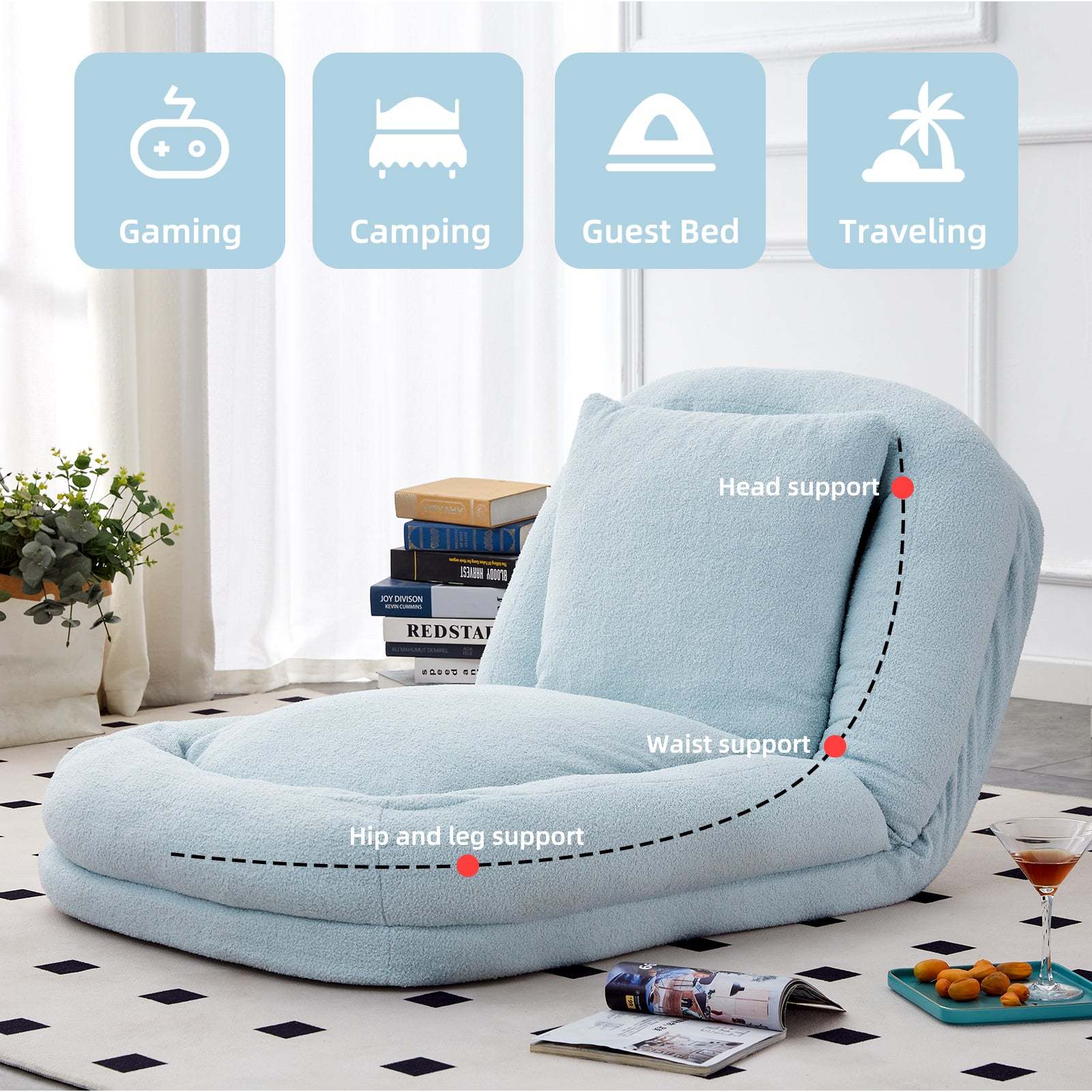 Light Blue Teddy Folding Sofa Chair - 5-Pos Gaming, Relax Item image 9
