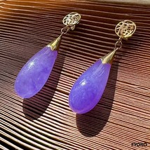 Fu Fuku Fortune (Purple) Jade Long Drop Earrings with 14K Gold - £310.15 GBP
