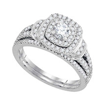 14k White Gold Diamond Round Double Halo Bridal Wedding Engagement Ring Set - £1,527.32 GBP