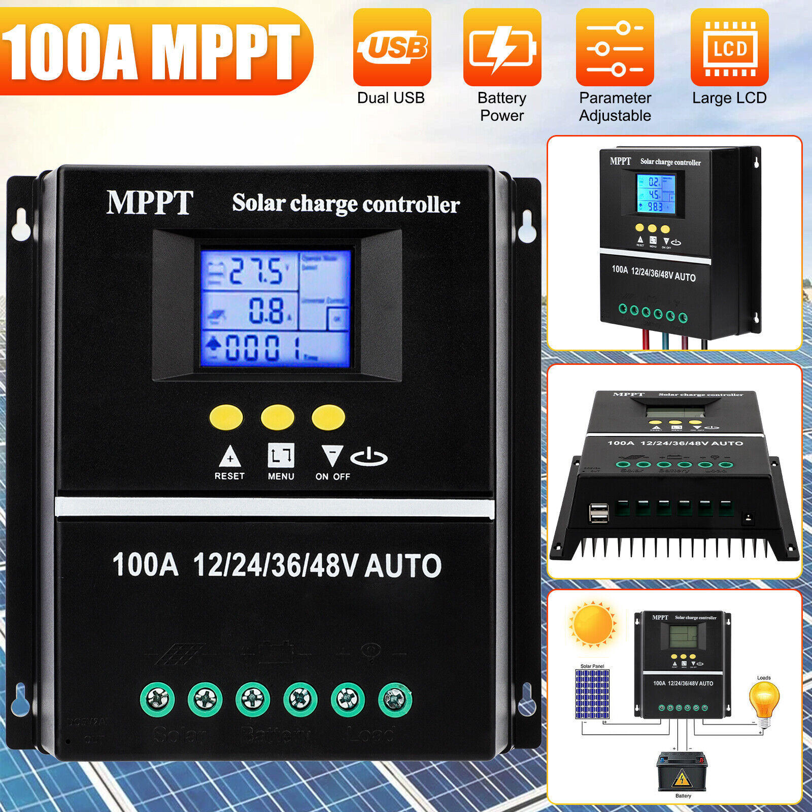 100A Mppt Solar Charge Controller 12V/24V/36V/48V Auto Pv Battery Regulator Lcd