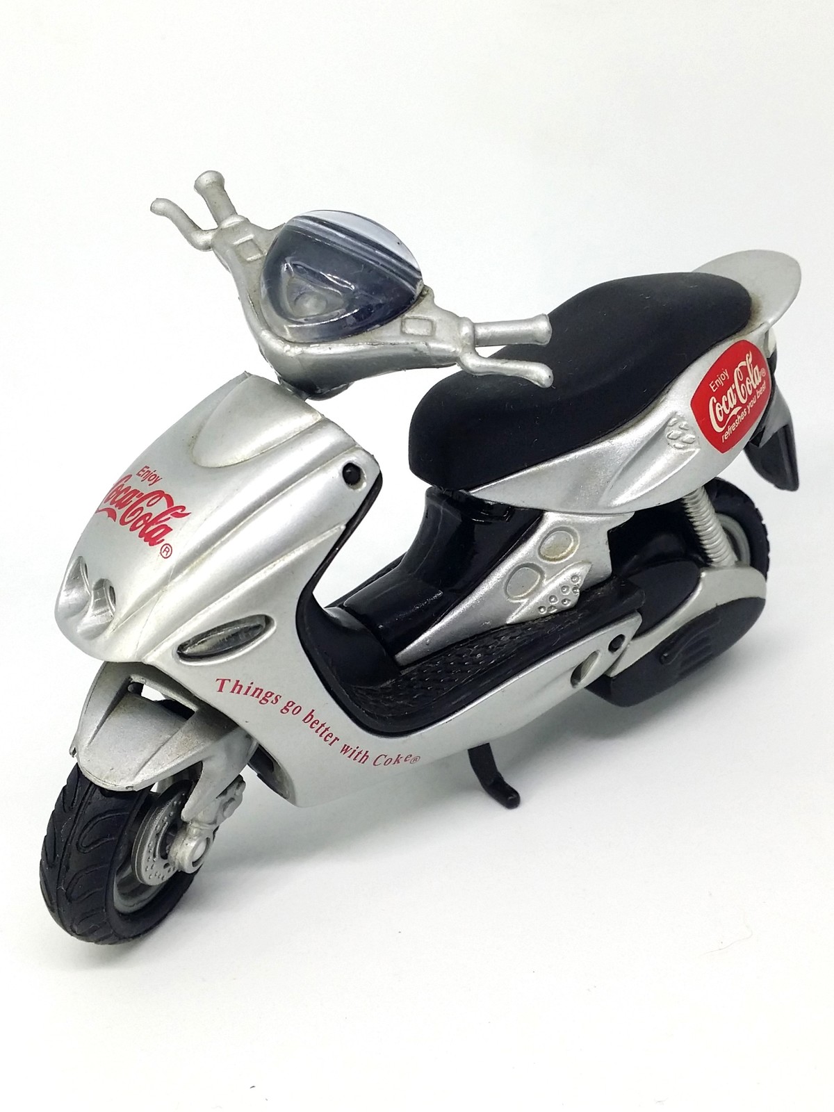 Coca Cola Motor Scooter Silver Diecast Plastic Motorcycle Toy - Vintage 90s - $17.90