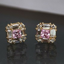 14K Placcato Oro Giallo 1 KT Quadrato Rosa Chiaro Zaffiro e Diamante Orecchini - £98.01 GBP