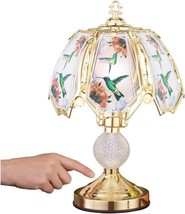 3-Way Touch Table Lamp Colorful Hummingbird Scene Glass Gold Base Home Decor - £44.04 GBP