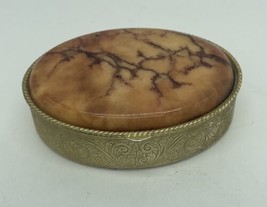 Vintage brass Pill Box with Agate ? Marble? Brown Stone cover Made In It... - £12.87 GBP