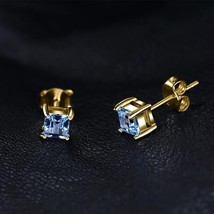 Princess Lab-Created Blue Topaz Solitaire Stud Earrings 14K Yellow Gold Plated - £44.14 GBP