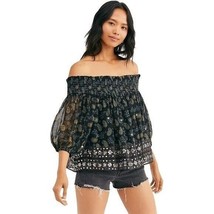 Free People Age Of Aquarius Blue Off Shoulder Paisley Boho Sequin Top Size Small - $34.64