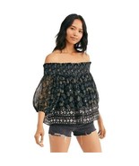 Free People Age Of Aquarius Blue Off Shoulder Paisley Boho Sequin Top Si... - £27.08 GBP