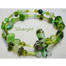 Colorful Handmade Memory Wire Wrap Beaded Bracelet Olives Greens - £13.36 GBP