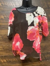 Jones NY Top Woman Medium Floral Blouse Sheer Neon Summer Colors Side Ti... - $18.05