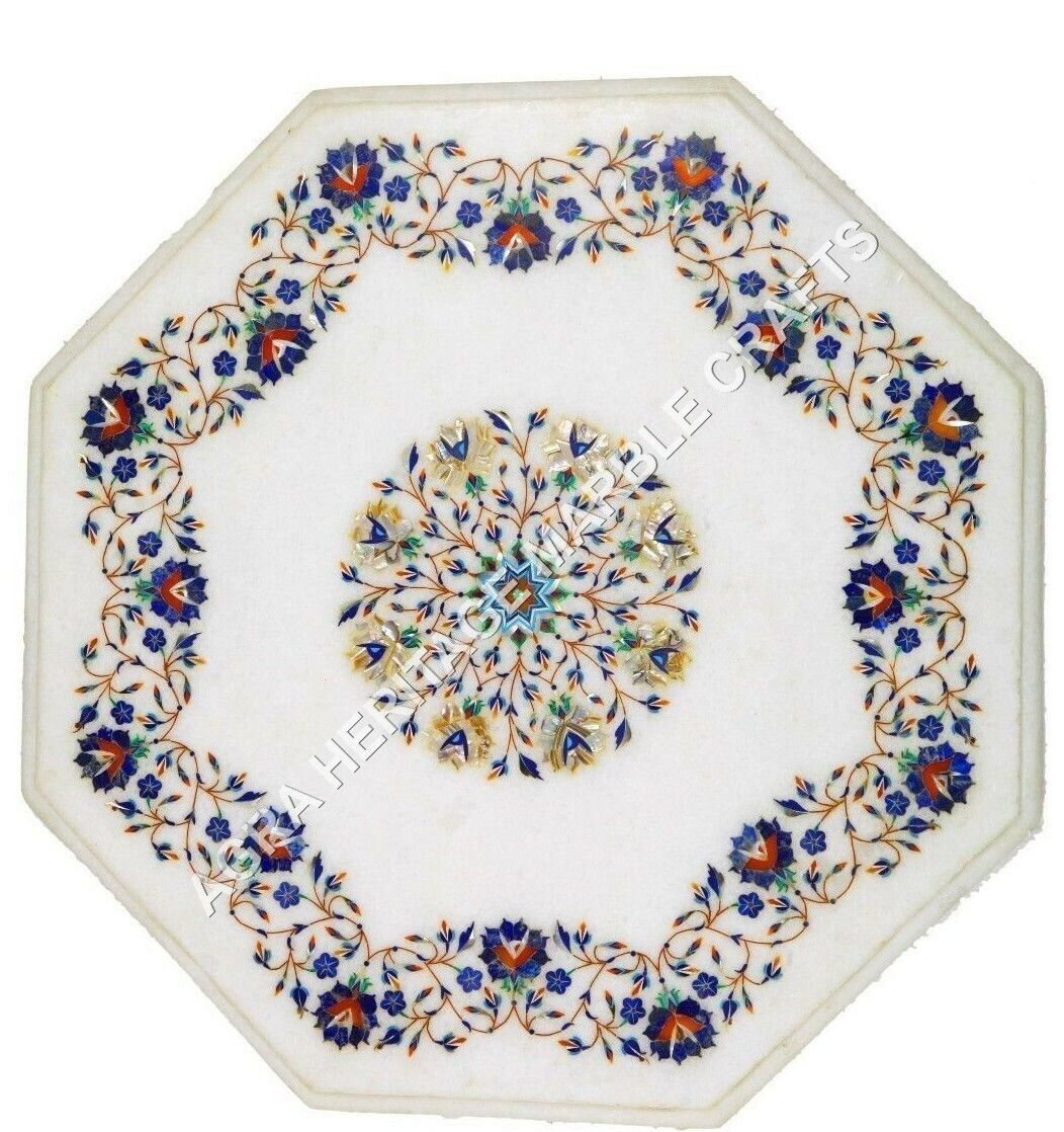 18" White Marble Coffee Top Table Lapis Floral Inlay Furniture Garden Table Deco - $507.77