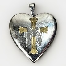 Vintage Sterling Silver 925 Heart Locket Etched w/ Gold Cross Pendant - 1” - $44.00
