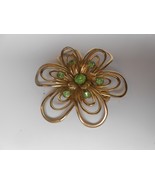 Vintage Flower Shaped Wire Brass or Gold tone Green Rhinestones 2&quot; - $7.70