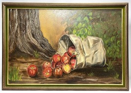 20th C Still Life  Fruit Oil on Canvas Depicts a Bucket of Red Apples 40 x 28&quot; - £150.11 GBP