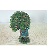 JEWELED PEACOCK HINGE TRINKET BOX 4.5&quot;H GREEN LACQUERED FEATHERS PINK JE... - $25.54 CAD
