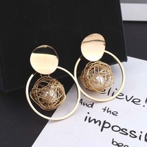 Unique Hand Made Hollow Braided Pearl Earrings Women Charm Gold Color Circle Seq - £6.61 GBP