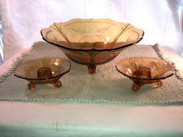 Vintage Amber Depression Glass Console Bowl And Two Candlesticks Mint - £39.86 GBP