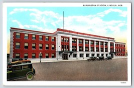 Postcard Burlington Railroad Depot Lincoln Nebraska Old Cars Out Front - $6.50