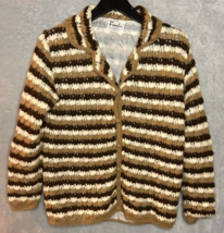 Vintage Famelia Sweater Jacket Wool Hand Crochet Lined brown stripe size Large - £27.05 GBP