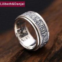 Real 925 Sterling Thailand Silver Ring Men Tibetan Buddhist Heart Sutra Rotate R - £27.62 GBP