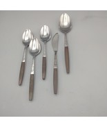 Stainless 4 Spoons 1 Butter Knife Brown Synthetic Handle MCM Flatware In... - $11.87