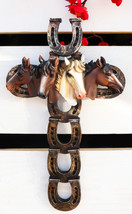 Rustic Western Horseshoes With 4 Multicolored Horse Heads Wall Cross Decor - £22.37 GBP