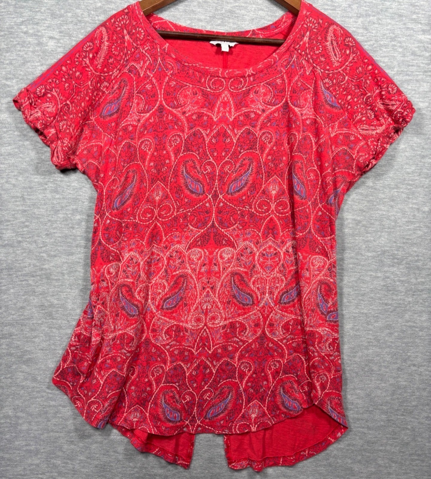 Lucky Brand 1X Shirt Red Paisley Womens Top Tunic Split Back Hem - £16.88 GBP