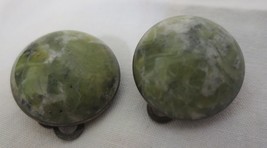 Antique Cabochon natural Green Moss Agate Sterling Silver clip earrings 3/4&quot; dia - £19.57 GBP