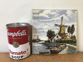 Vtg Dutch Netherlands Holland Windmill Boat Canal Dock Painting Trivet T... - £29.49 GBP