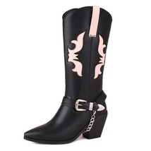 Punk Pointed Toe Mid calf Boots For Women Embroidery Boot Metal Decoration Belt  - £72.96 GBP