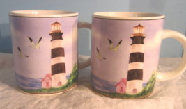 Vintage 2 Beverage Coffee /TEA Mugs BLACK/WHITE Lighthouse Sailboat Nautical - £21.50 GBP